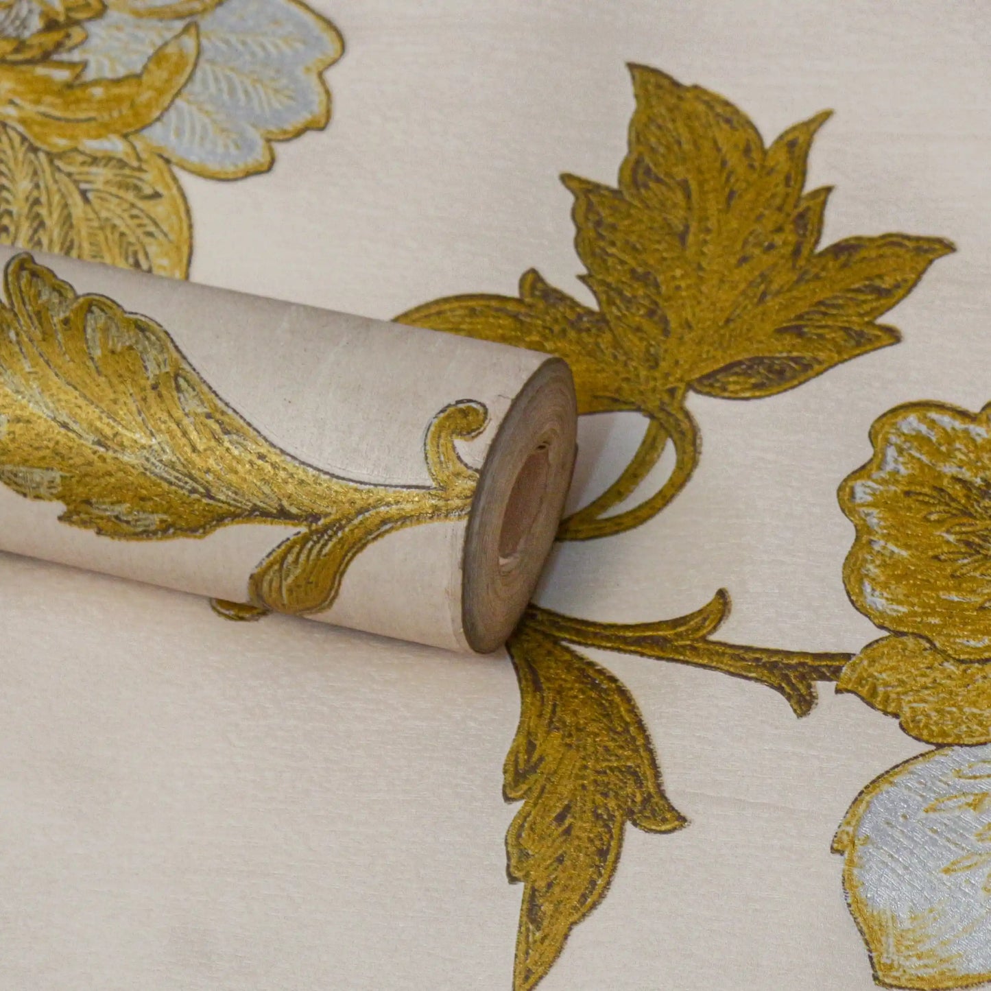 Beige Trailing Peony Leaf Vine Print