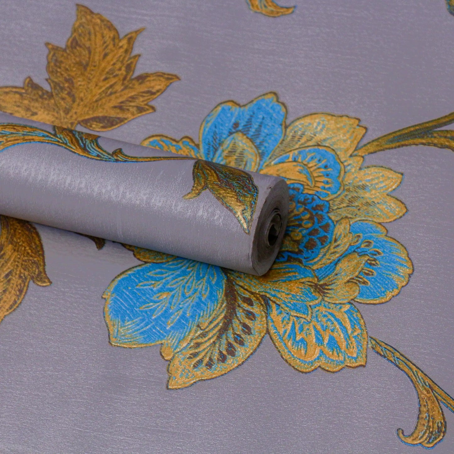 Smoky Grey Blue Gold Peony Vine