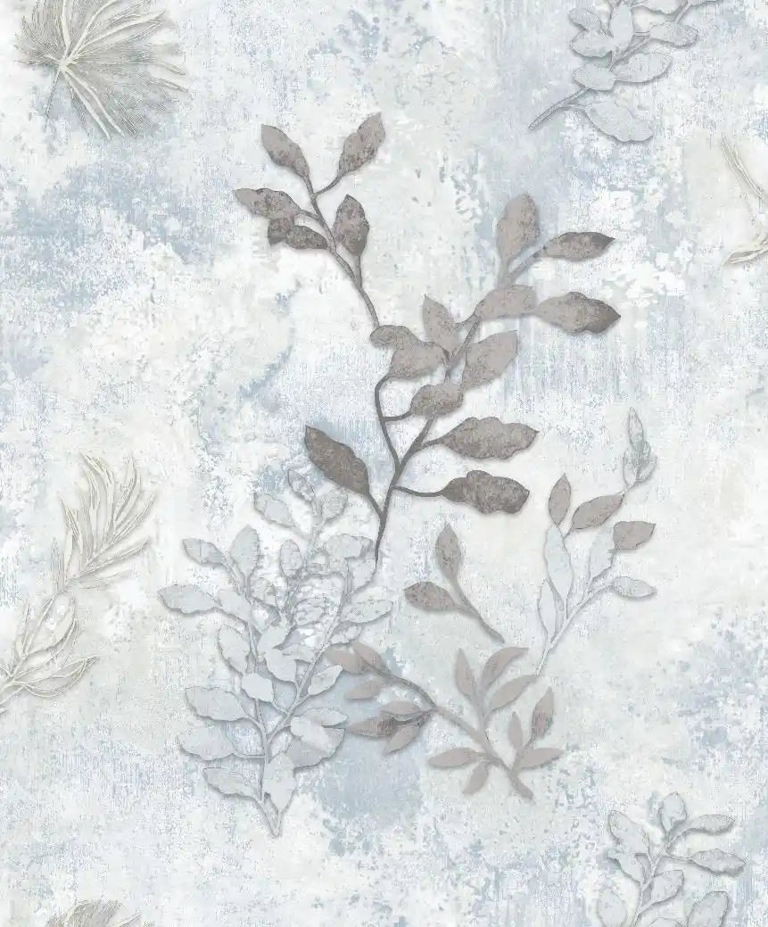 Tranquil Blue & Grey Leaf Pattern Wallpaper
