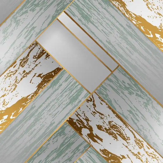 Coastal Teal & Gold Herringbone Wallpaper