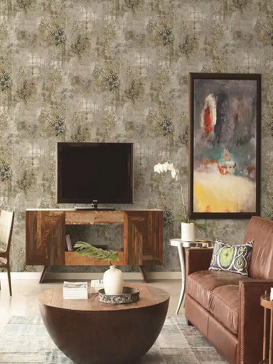 Taupe Gray Ornate Damask Weathered