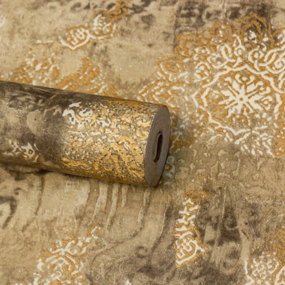 Taupe Gray Ornate Damask Weathered