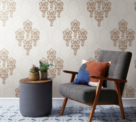 French Light Grey Floral Damask Wallpaper