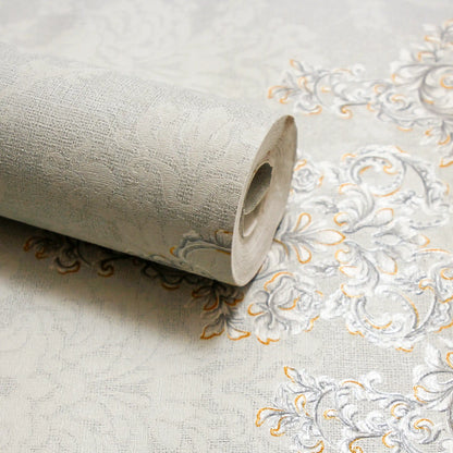European Grey & Cream Damask Wallpaper