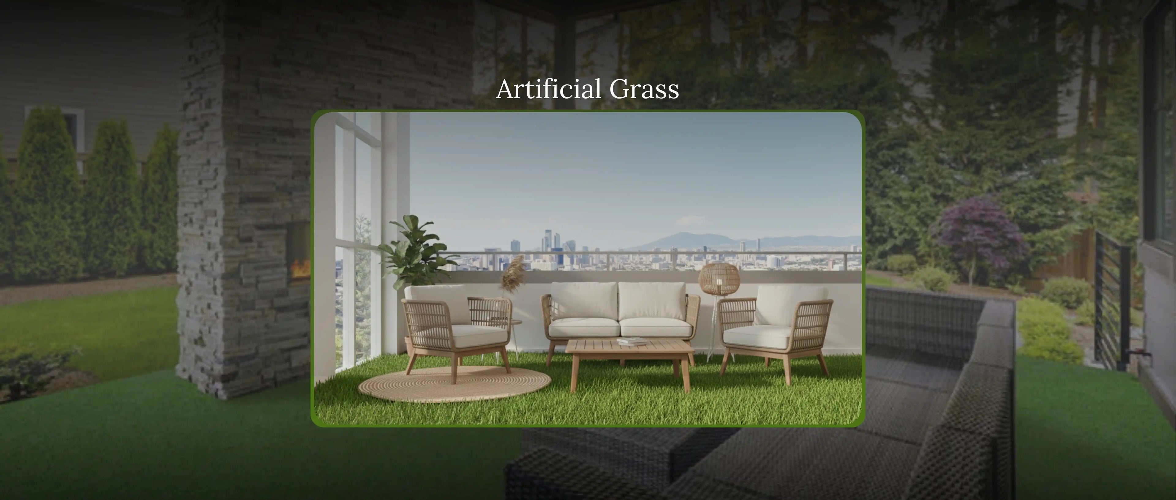 Outdoor setting with furniture on artificial grass, labeled 'Artificial Grass'.