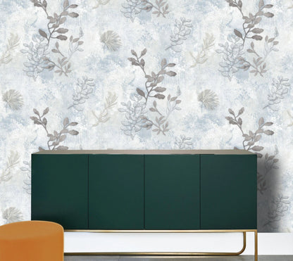 Tranquil Blue & Grey Leaf Pattern Wallpaper