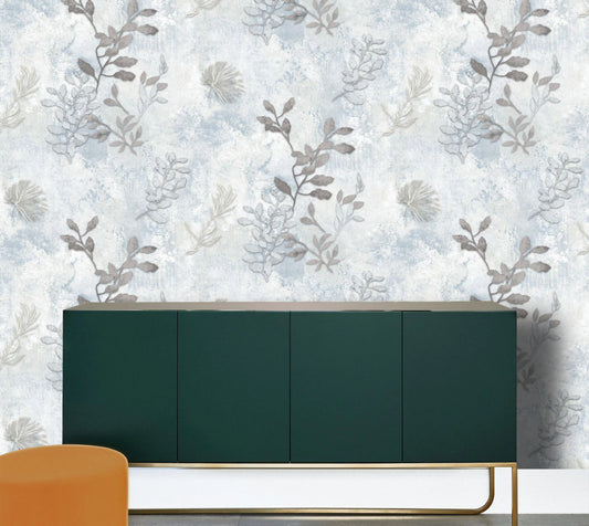 Tranquil Blue & Grey Leaf Pattern Wallpaper