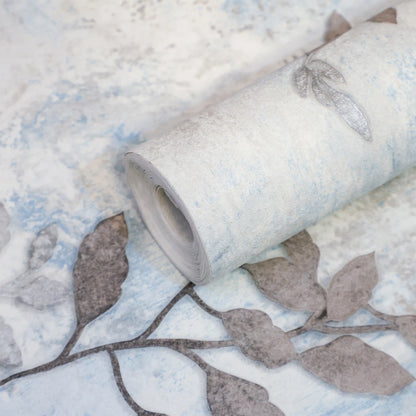 Tranquil Blue & Grey Leaf Pattern Wallpaper