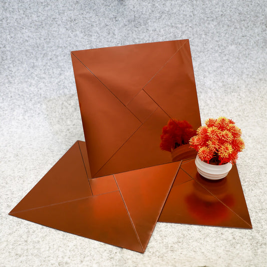Two brown square mirrors on a textured surface with a small potted plant.