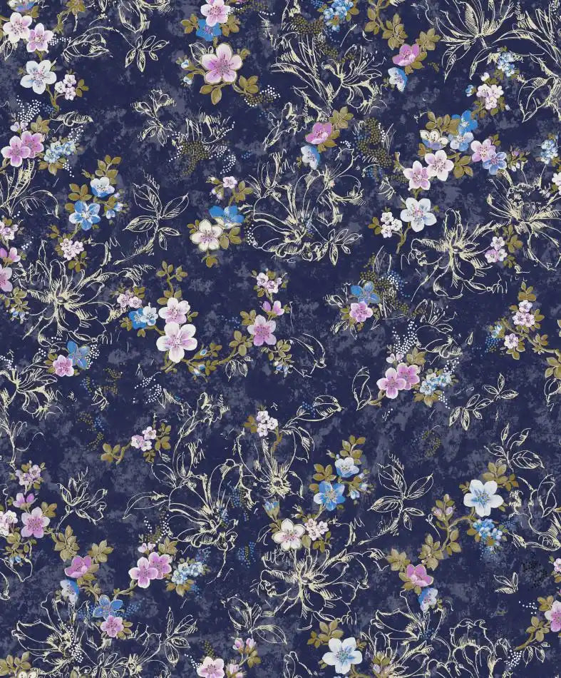 Floral and deer pattern on a dark blue background