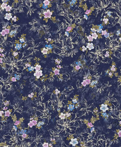 Floral and deer pattern on a dark blue background