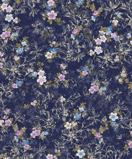 Floral and deer pattern on a dark blue background