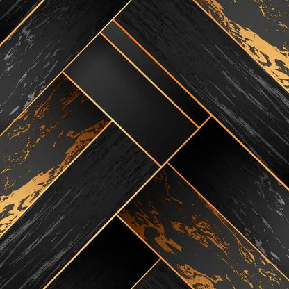 Black and gold patterned tiles arranged in a herringbone pattern.