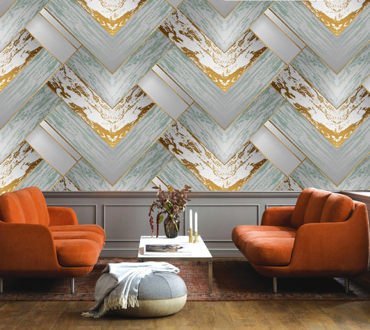 Coastal Teal & Gold Herringbone Wallpaper