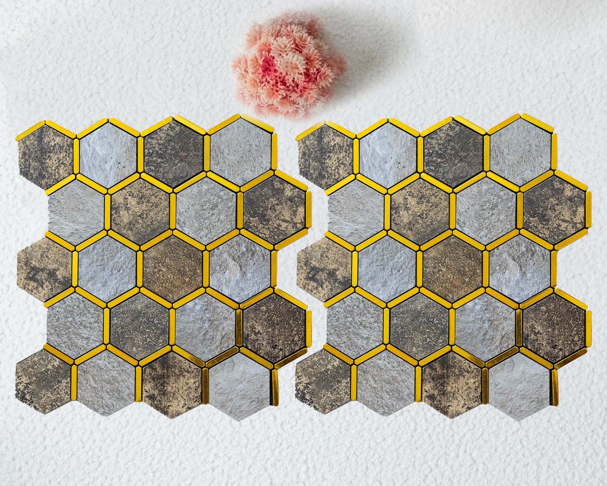 Hexagonal tiles with yellow edges on a white background
