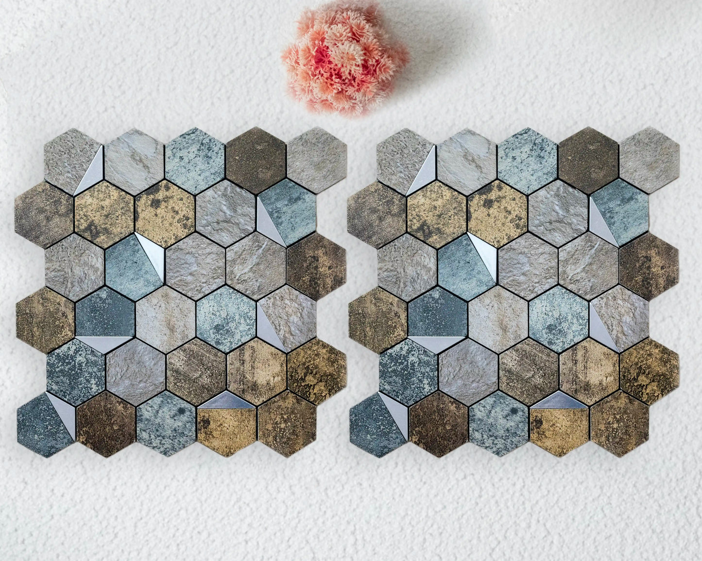 Hexagonal stone tiles in various colors on a white background