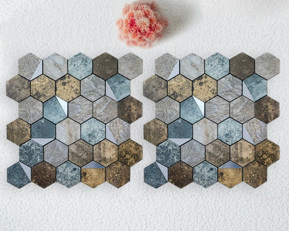 Hexagonal stone tiles in various colors on a white background