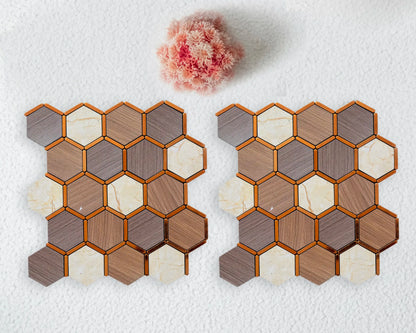 Hexagonal tile samples in various colors on a textured white surface.