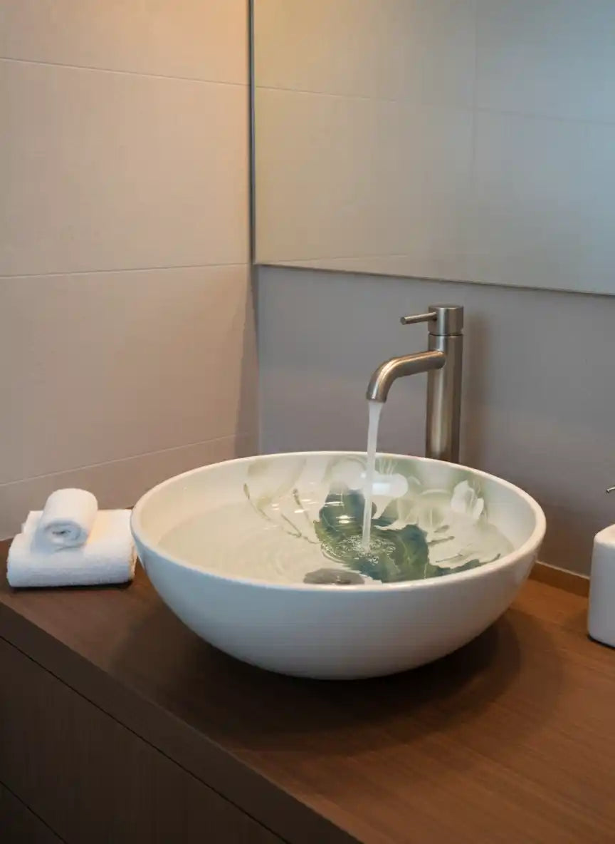 Bathroom sink with running water, towels, and a mirror.