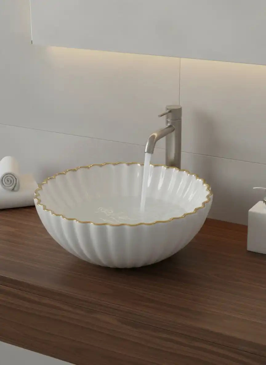 White ceramic sink with gold rim on a wooden countertop in a bathroom setting.