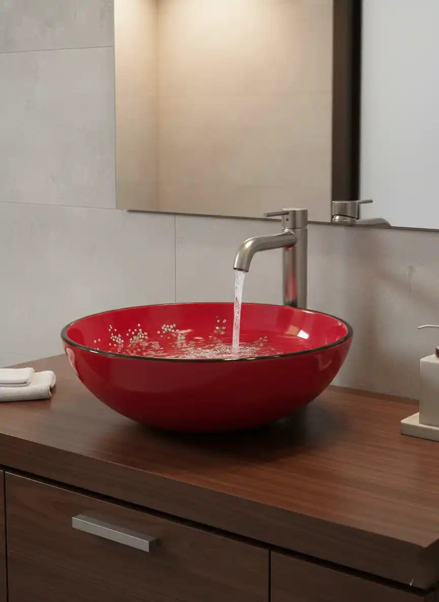 Red glass sink with water running into it in a bathroom setting.