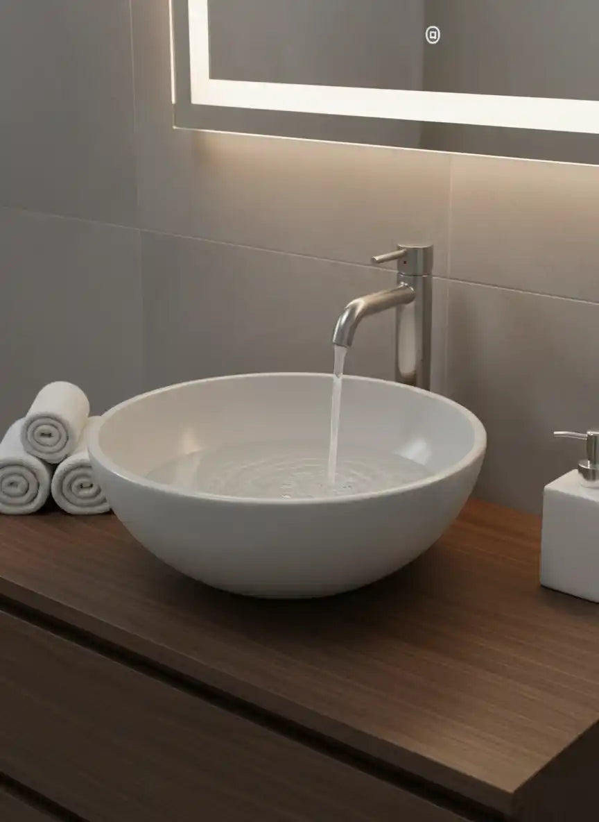 Modern bathroom with a white ceramic sink and illuminated mirror.