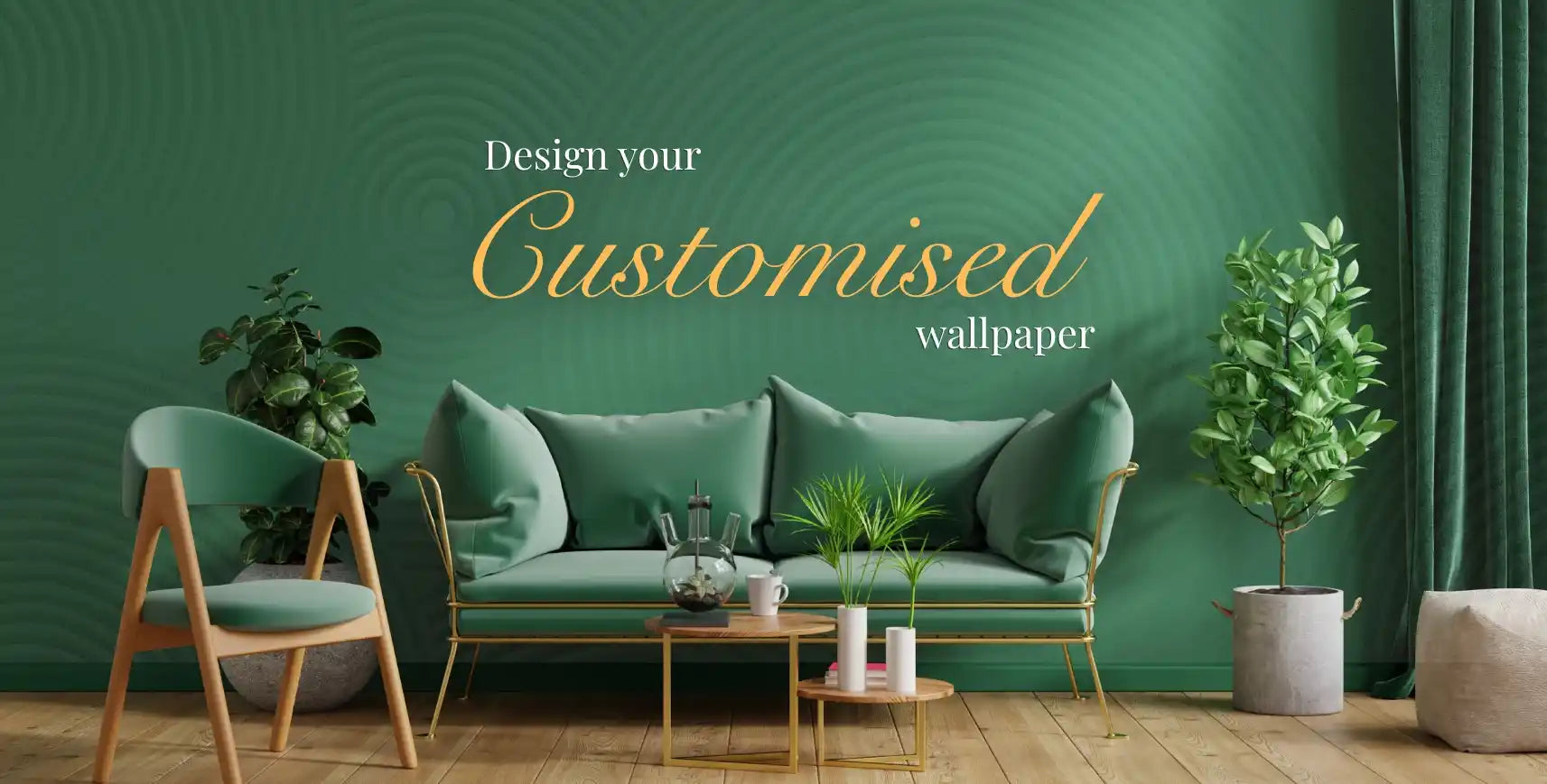 Green living room with a sofa, chairs, and plants against a green wall with text overlay.
