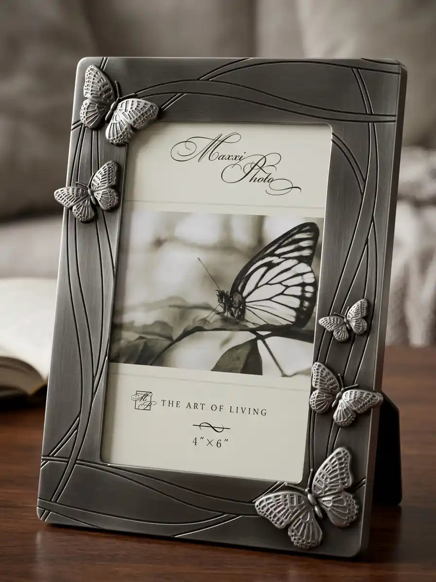Decorative photo frame with butterfly designs on a wooden surface