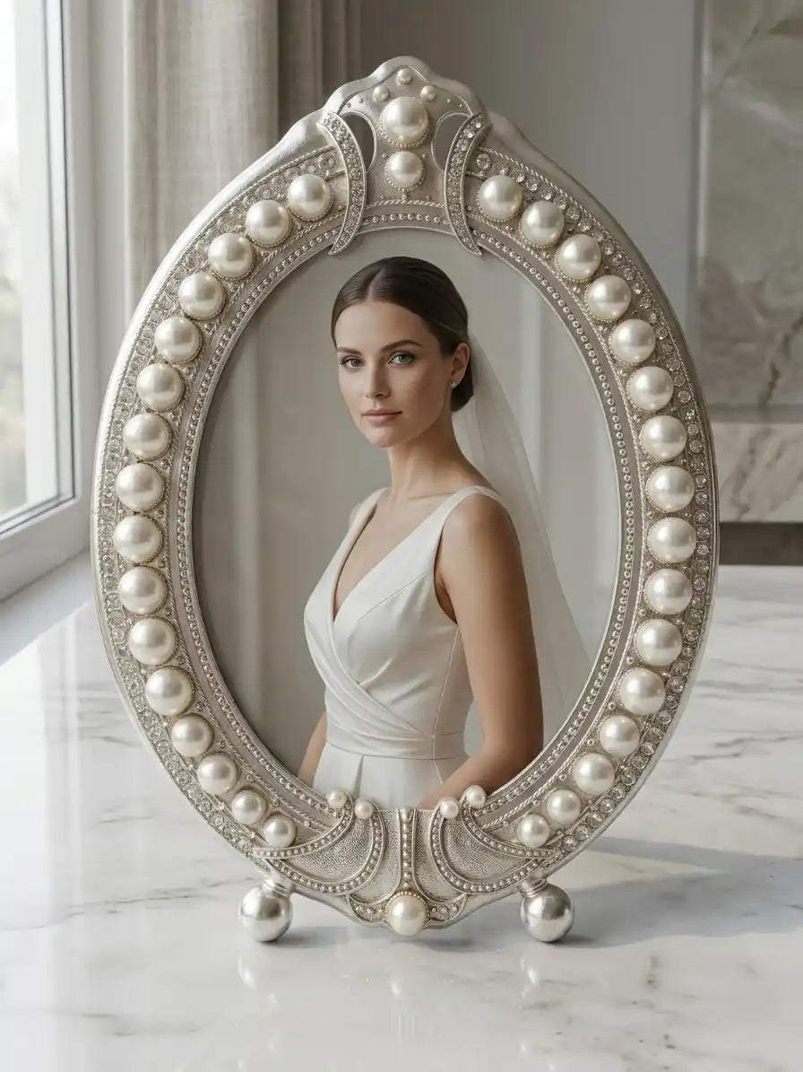 Woman in a white dress reflected in an ornate mirror with pearl embellishments.