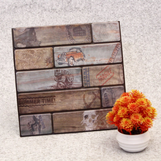 Decorative wall art with vintage-style panels and a potted plant on a textured surface