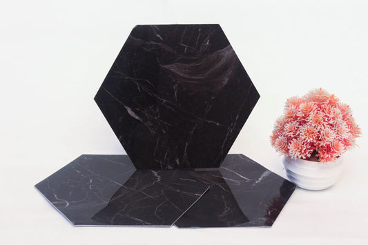 Hexagonal black marble tiles on a white surface with a small potted plant.
