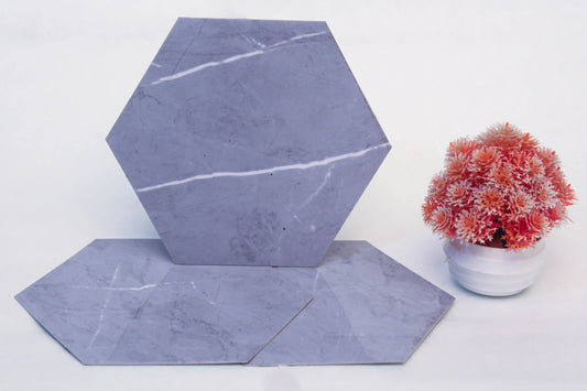 Hexagonal marble tiles on a white surface with a small potted plant.