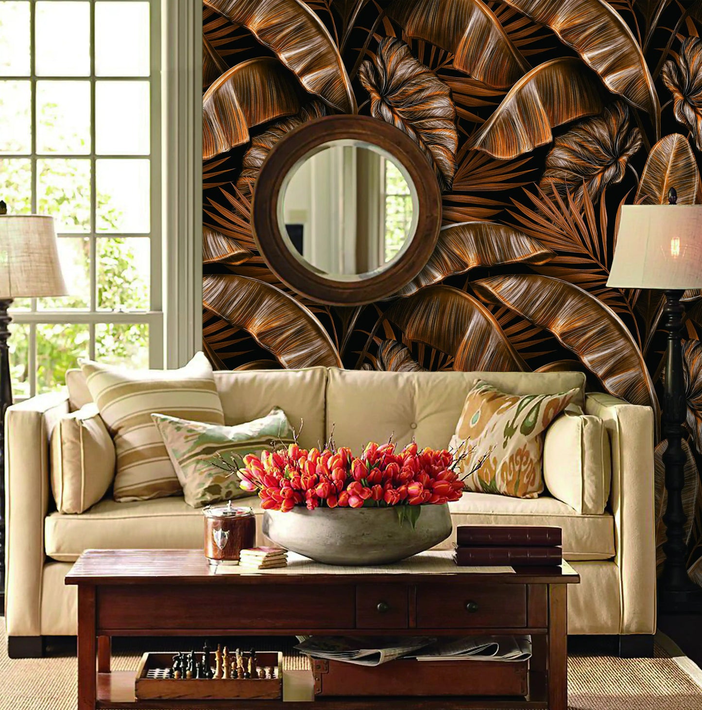 Living room with decorative wall, sofa, and coffee table