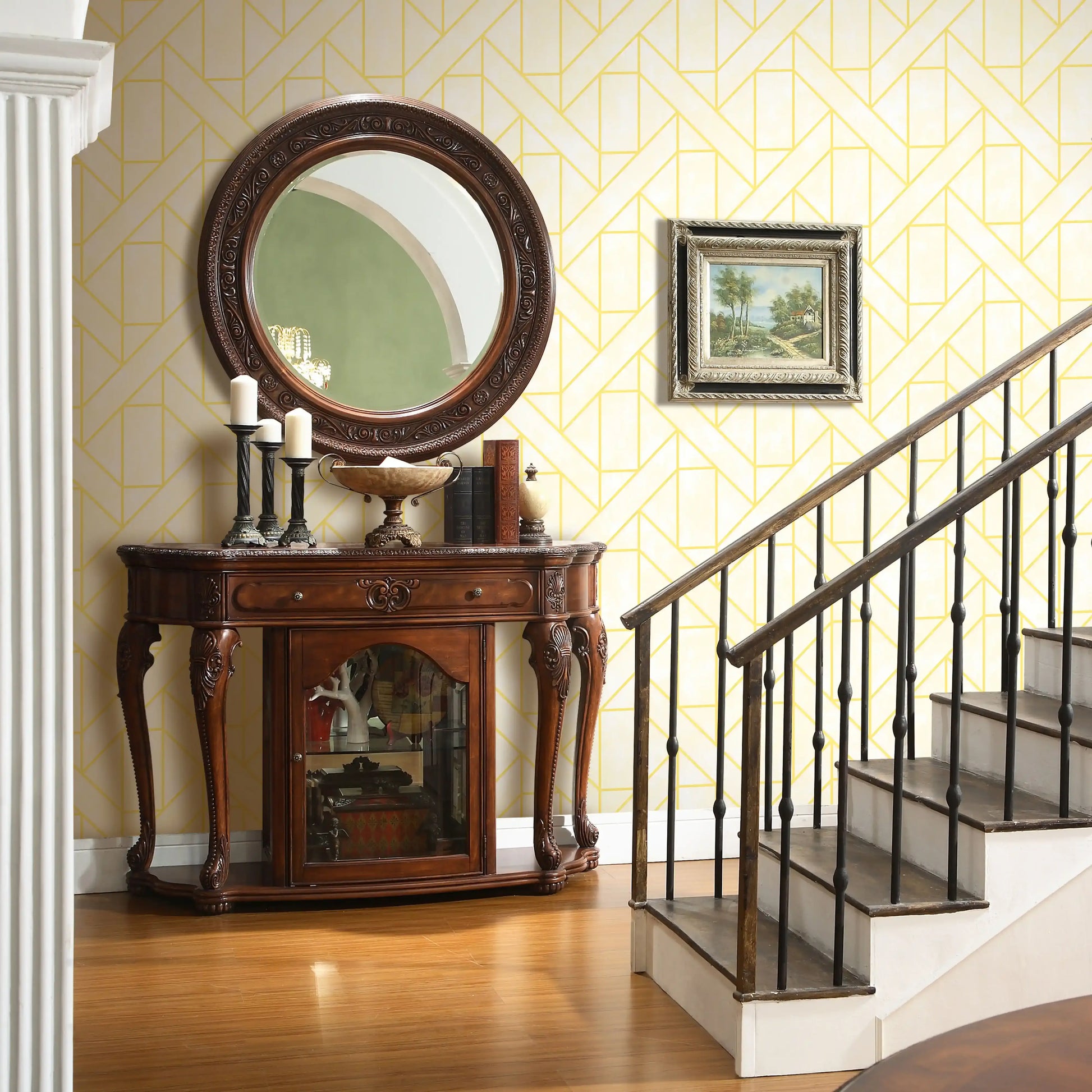 Decorative wooden console table with mirror and candles in a home interior setting.
