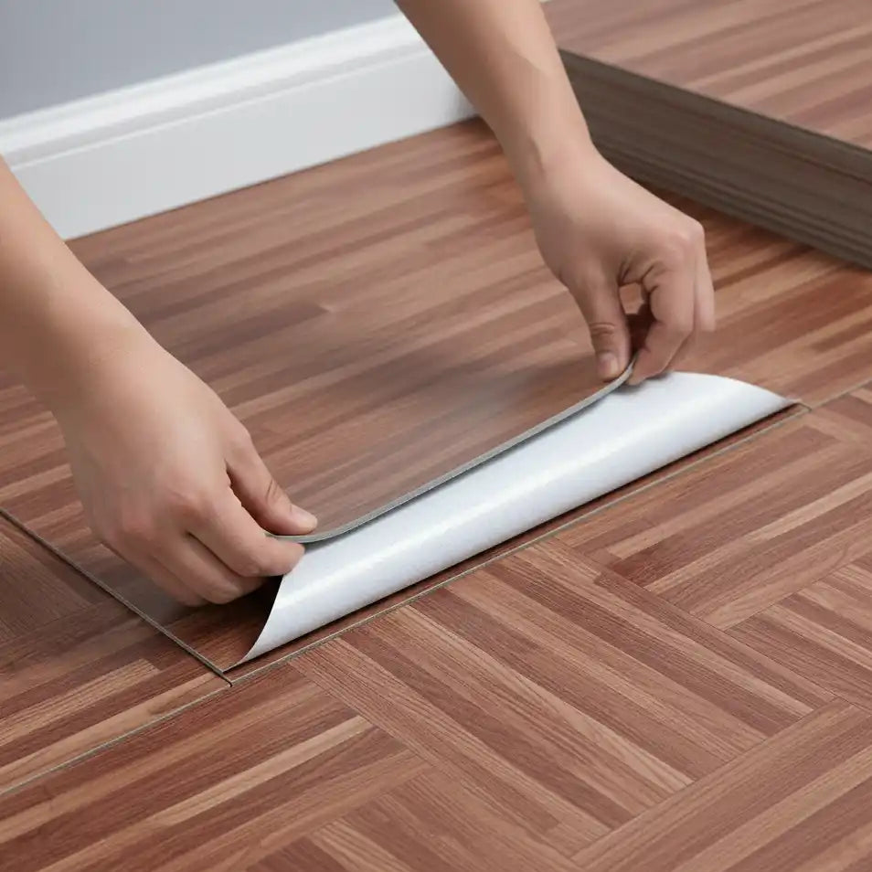 Person installing a piece of wood flooring with a adhesive strip on a wooden floor.