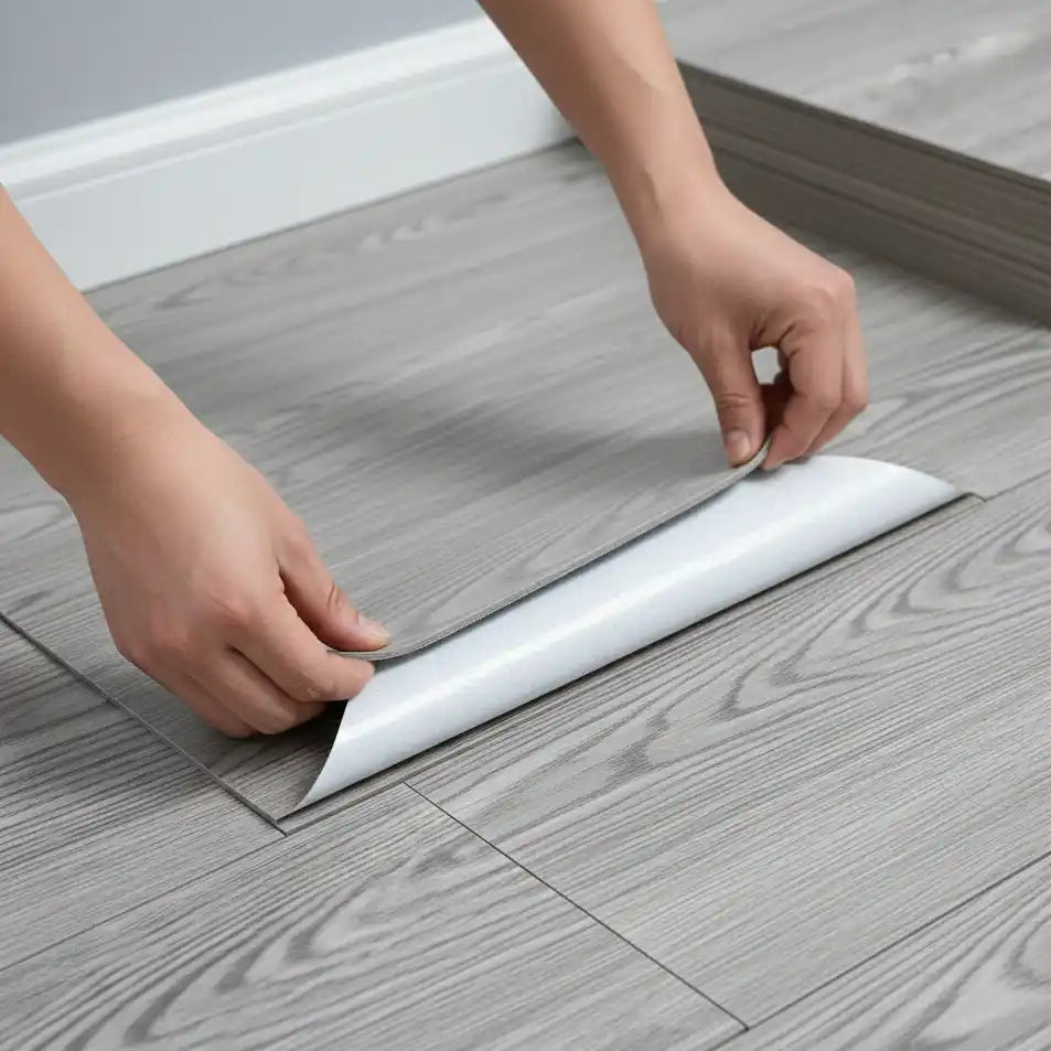 Person installing a strip of flooring adhesive on a wooden floor.