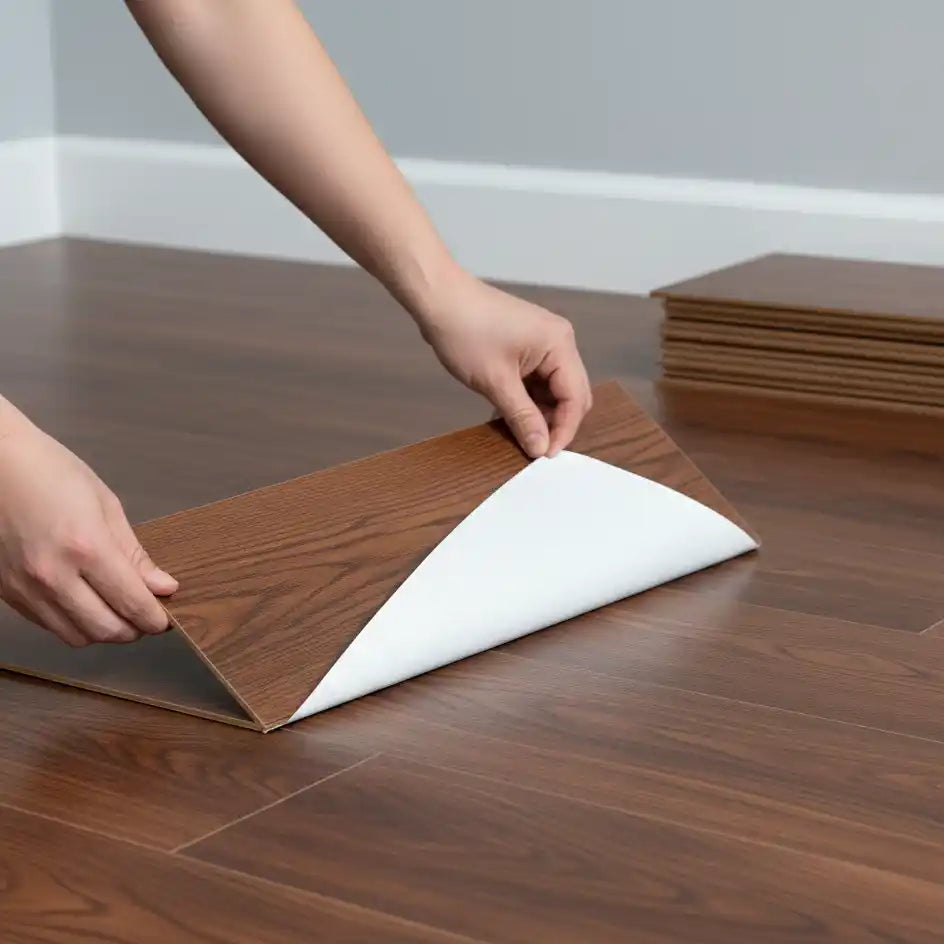 Person installing a wooden floor tile on a wooden floor