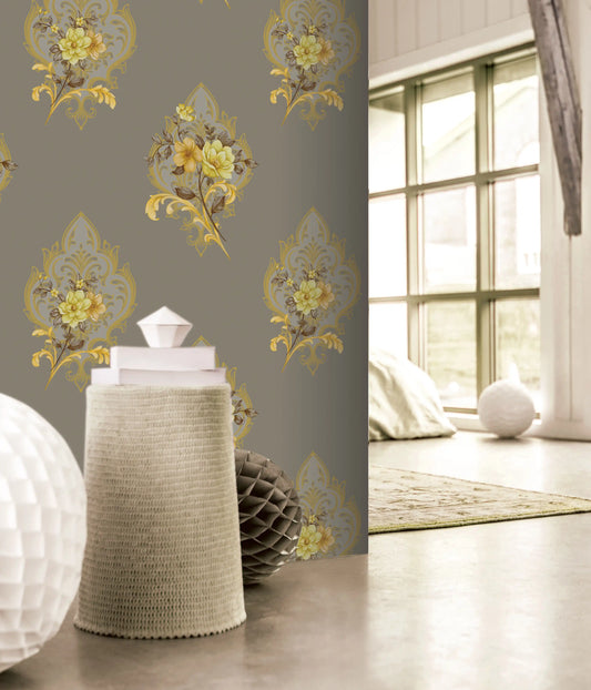 Grey Yellow Vintage Floral Damask