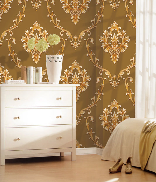 Antique Gold Olive Damask Mural