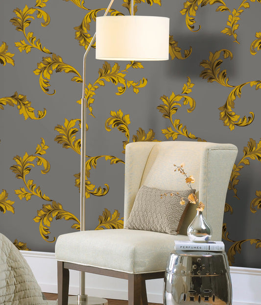 Dark Grey Yellow Scattered Leaves Design