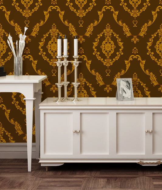 Brown Gold Renaissance Scrollwork Mural