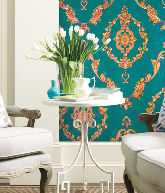 Teal Gold Orange Baroque Scroll Pattern