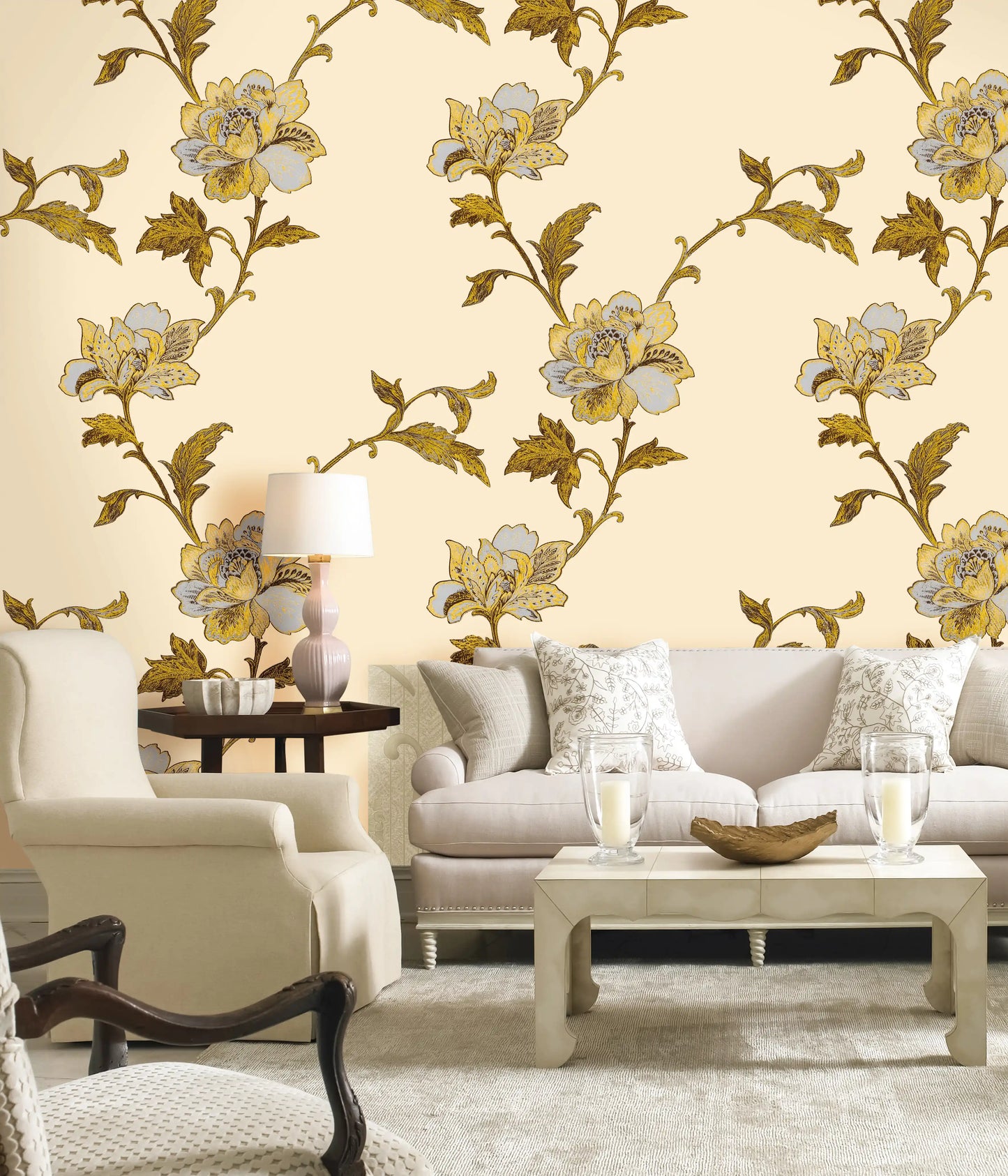 Beige Trailing Peony Leaf Vine Print