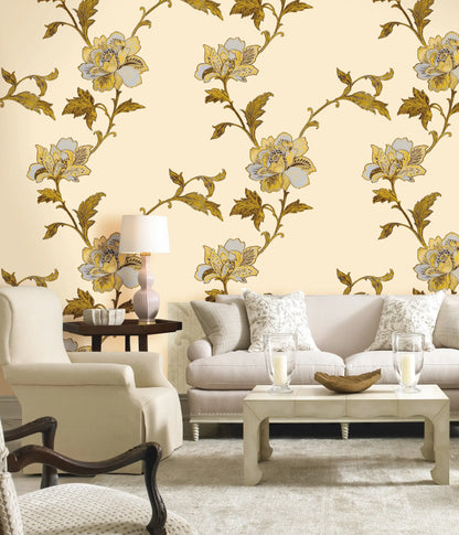 Beige Trailing Peony Leaf Vine Print