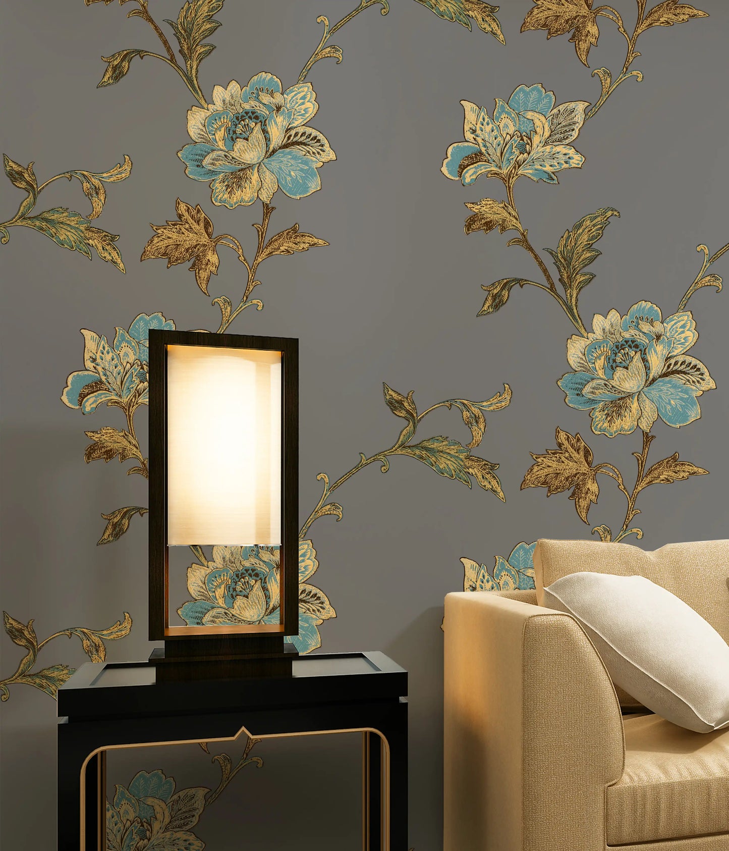 Smoky Grey Blue Gold Peony Vine