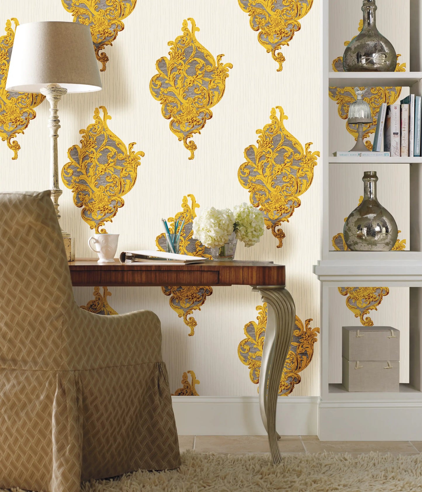 Cream Gold Grey Ogee Medallion Style