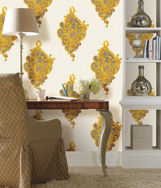 Cream Gold Grey Ogee Medallion Style
