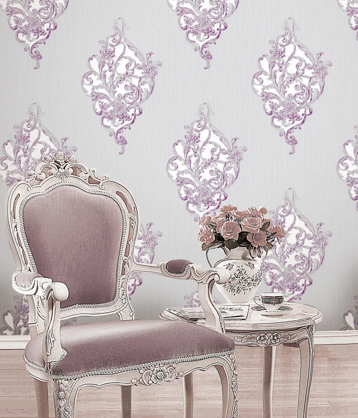 Grey White Purple Glitter Baroque Design