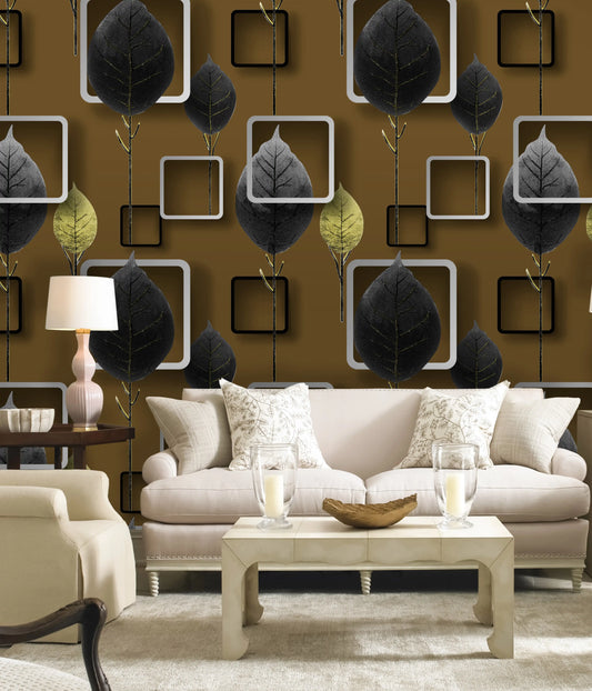 Brown 3D Squares Black Gold Leaves