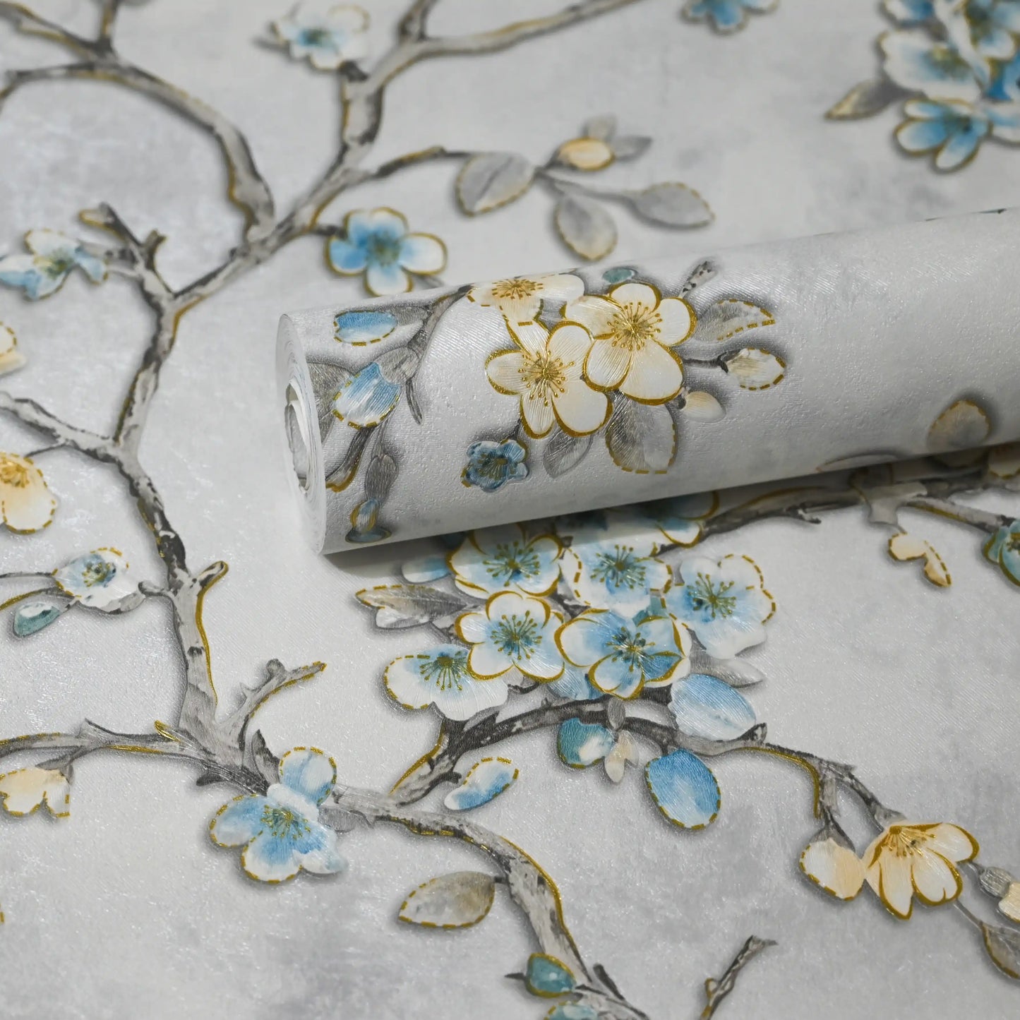 Blue Blossom Branch Embossed Wallpaper